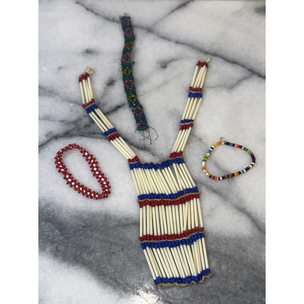 Vtg Mini Handcrafted Bone Hair Pipe Breastplate Necklace & Beaded Bracelet Sets